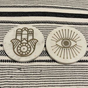 Anthropologie Marble Coaster Set All Seeing Eye Hand of Fatima Gold Metal Inlay